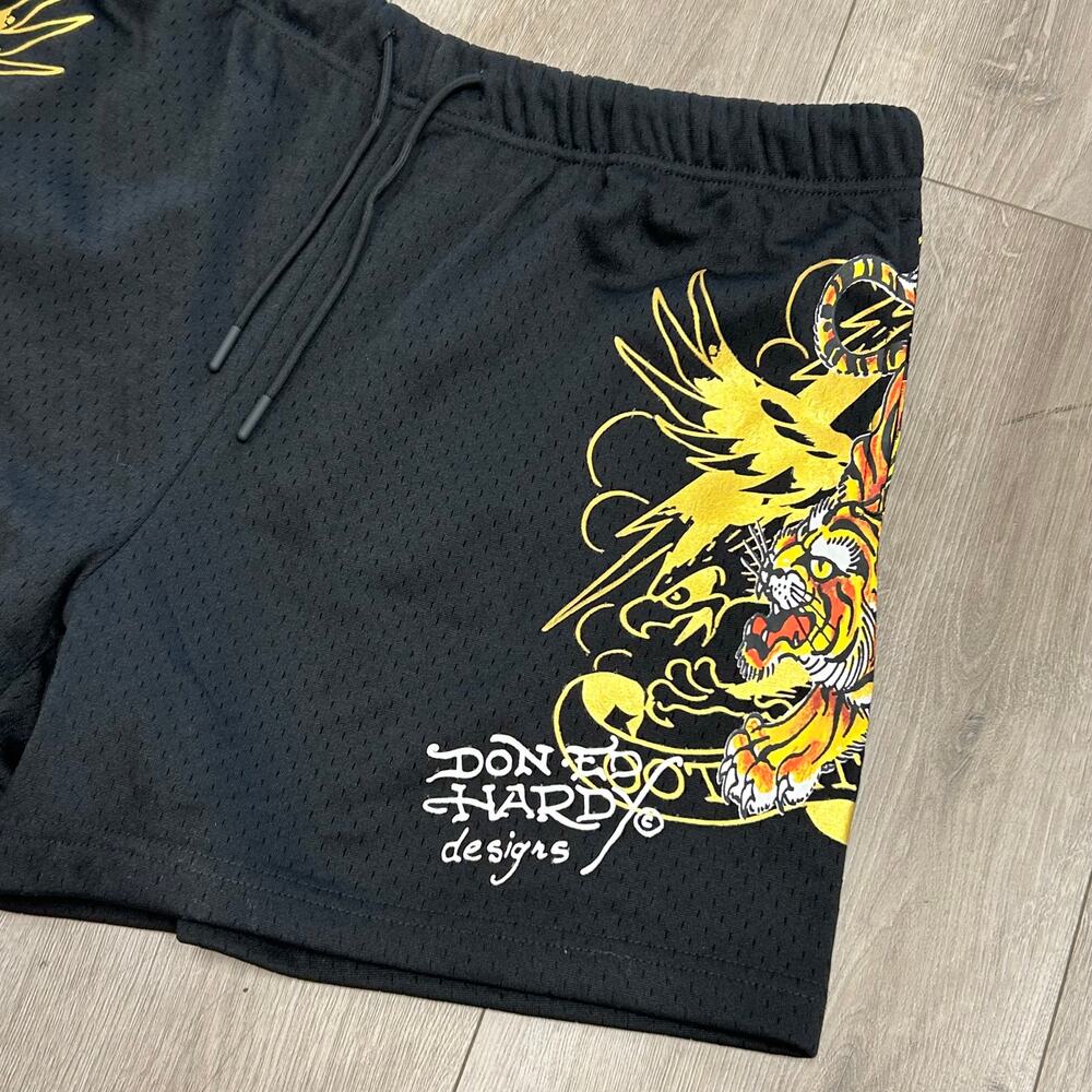 Ed Hardy Crawling Tigers black mesh shorts size Large L B24 - Picture 2 of 6